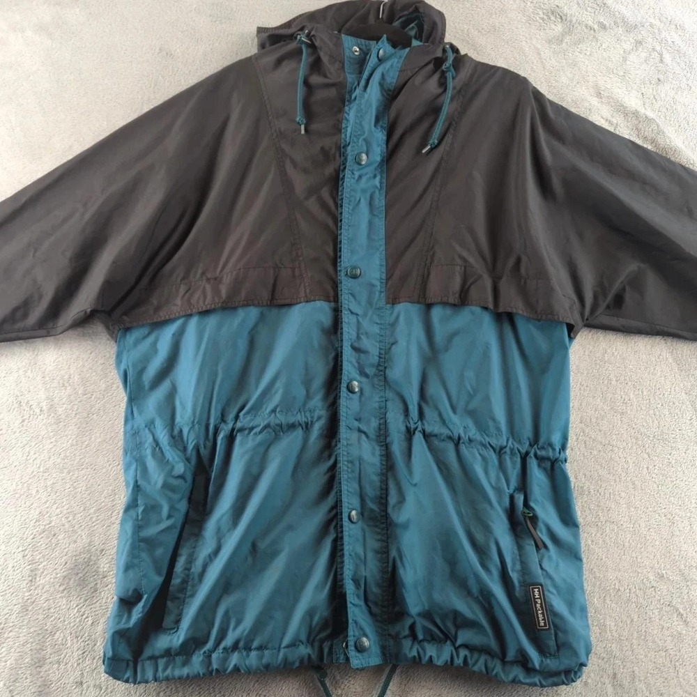 Vintage 90s Helly Hansen Rain Jacket Mens M Black Teal Anorak Windbreaker Coat